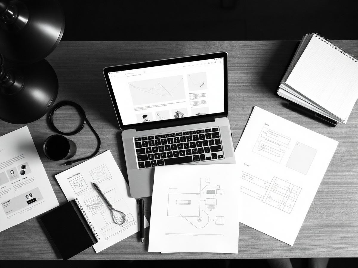 Overhead view of a design studio desk with website wireframes and sketches